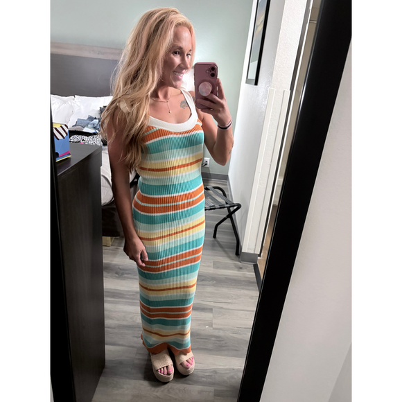 MABLE Dresses & Skirts - MABLE Beach Sunsets Striped Midi Dress Teal Multi Medium